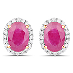 1.90 ctw. Genuine Ruby and 0.16 ctw. White Diamond Halo Earrings in 14K Yellow Gold