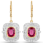 3.88 ctw. Genuine Rubellite and 0.52 ctw. White Diamond Dangling Earrings in 14K Yellow Gold