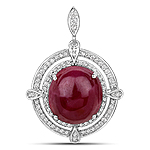 20.00 ctw. Genuine Ruby and 0.39 ctw. White Diamond Halo Pendant in 14K White Gold