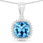 3.60 ct. tw. Swiss Blue Topaz and Lab Grown Diamond Halo Pendant in .925 Sterling Silver