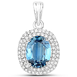 QP8415BSAPHWD-MRR-14KW 2.30 ctw. Genuine Blue Sapphire and 0.32 ctw. White Diamond Halo Pendant in 14K White Gold