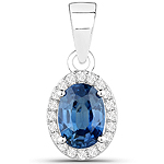 QP9060BSAPHWD-HR-14KW 0.93 ctw. Genuine Blue Sapphire and 0.10 ctw. White Diamond Halo Pendant in 14K White Gold