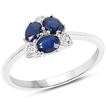 QR20609BSAPHWD-14KW 0.66 ctw. Genuine Blue Sapphire and 0.05 ctw. White Diamond 3-Stone Ring in 14K White Gold