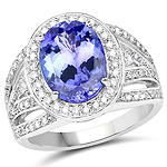 QR20945TANWD-14KW 4.04 ctw. Genuine Tanzanite and 0.55 ctw. White Diamond Halo Ring in 14K White Gold