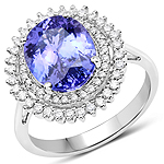 4.06 ctw. Genuine Tanzanite and 0.48 ctw. White Diamond Halo Ring in 14K White Gold