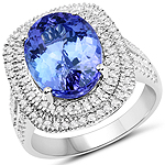 6.38 ctw. Genuine Tanzanite and 0.60 ctw. White Diamond Halo Ring in 14K White Gold