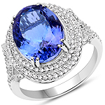6.42 ctw. Genuine Tanzanite and 0.54 ctw. White Diamond Halo Ring in 14K White Gold