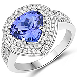 2.96 ctw. Genuine Tanzanite and 0.51 ctw. White Diamond Halo Ring in 14K White Gold