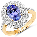 QR22676TANWD-14KY 2.08 ctw. Genuine Tanzanite and 0.42 ctw. White Diamond Halo Ring in 14K Yellow Gold