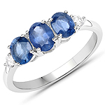 QR23890BSAPHWD-ER-14KW 1.16 ctw. Genuine Blue Sapphire and 0.10 ctw. White Diamond 3-Stone Ring in 14K White Gold