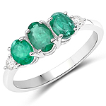 QR23890ZEWD-EH-14KW 1.04 ctw. Genuine Emerald and 0.10 ctw. White Diamond 3-Stone Ring in 14K White Gold