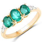 QR23890ZEWD-EH-14KY 1.04 ctw. Genuine Emerald and 0.10 ctw. White Diamond 3-Stone Ring in 14K Yellow Gold