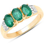 QR23892ZEWD-EH-14KY 1.32 ctw. Genuine Emerald and 0.10 ctw. White Diamond 3-Stone Ring in 14K Yellow Gold
