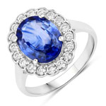 QR40515CYSAPHWD-18KW 4.09 ct. tw. Ceylon Blue Sapphire and White Diamond Halo Ring in 18K White Gold