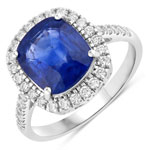 QR40533CYSAPHWD-18KW 4.83 ct. tw. Ceylon Blue Sapphire and White Diamond Halo Ring in 18K White Gold